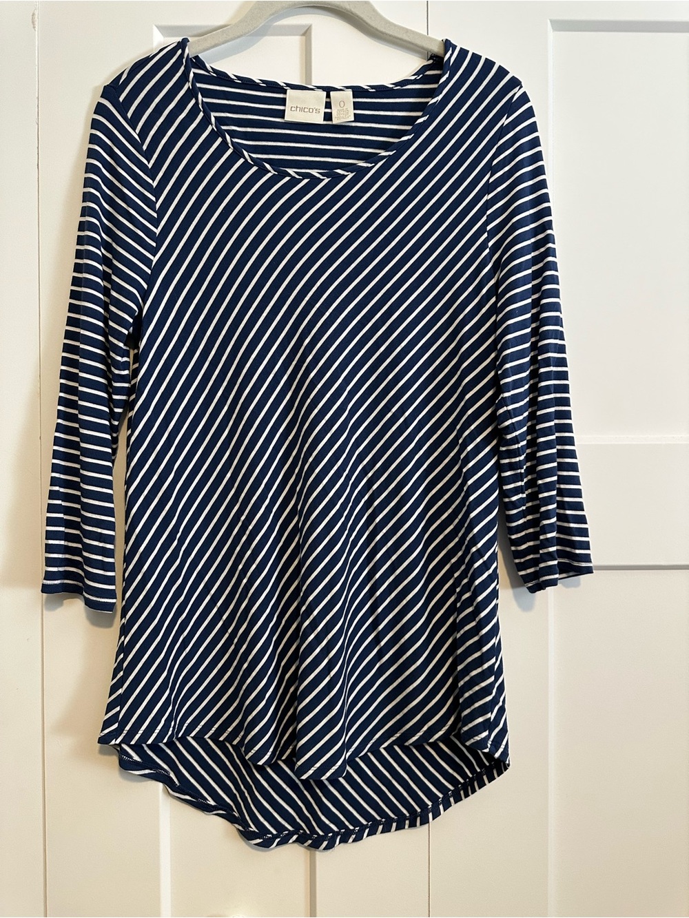 Chico's Navy & White Diagonal Stripe Scoop-Neck 3/4 Sleeve Top